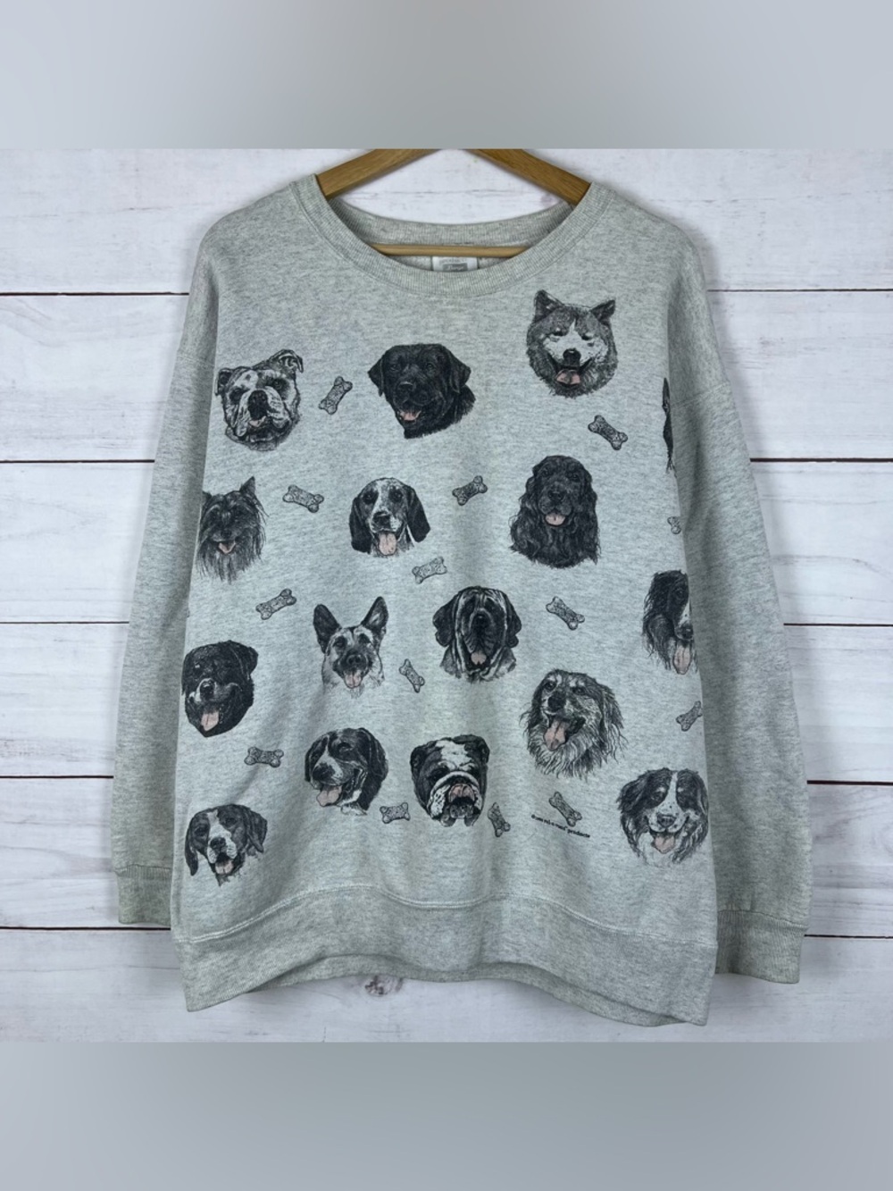 VTG Rel-e-vant Products 1995 Dogs Graphic Sweatshirt Large Gray AOP